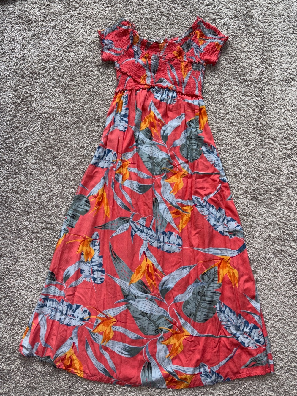 Patrons of Peace Coral Maxi Dress with Tropical Blue & Yellow Print